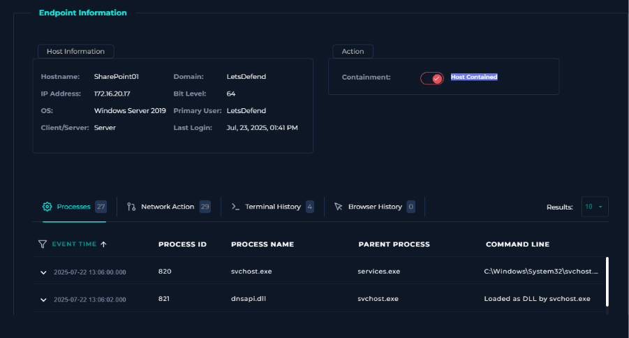 SOC incident analysis. Letsdefend, SOC342 ‑ CVE‑2025‑53770 SharePoint ToolShell Auth Bypass and RCE - 9